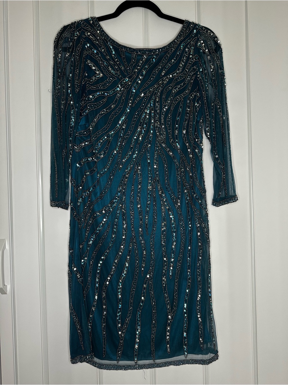 J Kara Teal Beaded Long-Sleeve Evening Dress